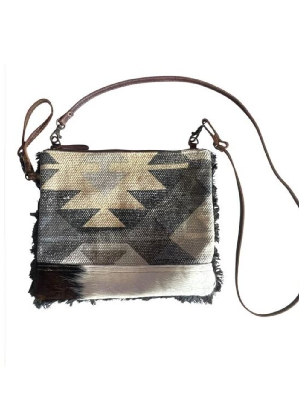 Myra Bag Rug & Cow Fur Leather Crossbody Bag Gray Cream Aztec Western Fringed
